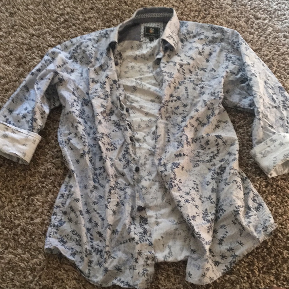 Blue striped and flowered button up shirt